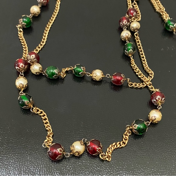 Handmade Red Green Beads Faux Pearl Gold-tone Long Chain Necklace - Picture 13 of 13